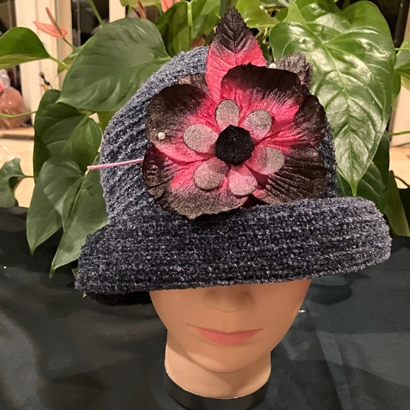Stylish Blue Chenille Hat with Pink Black Floral Accent - Picture 1 of 5